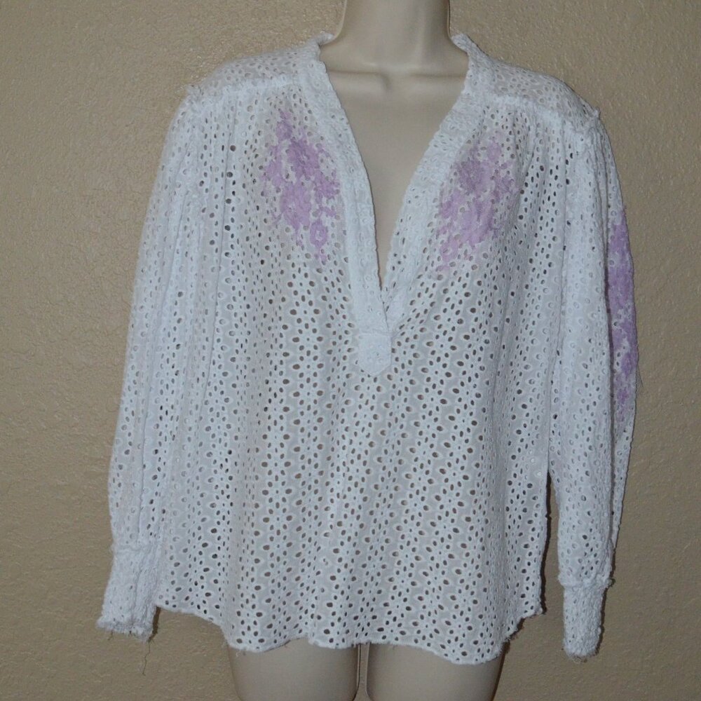 NWOT Sz S Vanita Rosa White Cotton Eyelet Purple Long Sleeve Beach Blouse Top